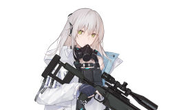 Rule 34 | 1girl, blonde hair, blue gloves, body armor, character request, fingerless gloves, gas mask, girls&#039; frontline, gloves, green eyes, gun, hand on weapon, headphones, highres, holding, holding weapon, jacket, long hair, looking at viewer, lunaplum, mask, original, rifle, science fiction, solo, weapon, white background, white jacket