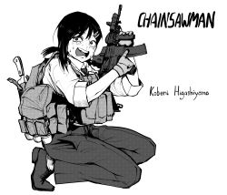 Rule 34 | 1girl, 40mm grenade, absurdres, ar-15, assault rifle, black hair, bulletproof vest, chainsaw man, crying, crying with eyes open, epakim, gloves, greyscale, gun, hair ornament, hairclip, higashiyama kobeni, highres, kneeling, monochrome, necktie, open mouth, optical sight, rifle, shirt, short hair, sleeves rolled up, snot, solo, tears, trigger discipline, weapon