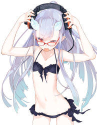 Rule 34 | 1girl, :p, bikini, blue hair, collarbone, flat chest, glasses, gradient hair, headphones, horns, ji no, long hair, multicolored hair, navel, open mouth, original, pointy ears, red-framed eyewear, red eyes, solo, swimsuit, tongue, tongue out, wince
