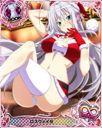 Rule 34 | 1girl, antenna hair, aqua eyes, bell, belt, blush, breasts, card (medium), character name, chess piece, christmas, crop top, fur trim, gloves, hair ribbon, hat, high school dxd, high school dxd infinity, large breasts, long hair, looking at viewer, midriff, navel, official art, panties, pantyshot, parted lips, red gloves, ribbon, rook (chess), rossweisse, sack, santa costume, santa hat, silver hair, single thighhigh, sitting, skirt, solo, thighhighs, trading card, underwear, very long hair, white thighhighs