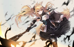 Rule 34 | 1girl, :3, animal ear fluff, animal ears, arknights, armor, bad id, bad pixiv id, black gloves, black hairband, black shirt, black skirt, blonde hair, blush, breastplate, commentary, feet out of frame, floating hair, gloves, grey background, hairband, highres, holding, holding shield, holding weapon, horse girl, knee pads, long hair, long sleeves, looking at viewer, mecha (alswp), nearl (arknights), pauldrons, shield, shirt, shoulder armor, sidelocks, skirt, skirt set, smile, solo, tail, vambraces, weapon, yellow eyes