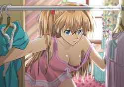 Rule 34 | 1girl, bad id, bad pixiv id, blue eyes, breasts, brown hair, closet, clothes hanger, downblouse, hair ribbon, hiraso (midorin), jewelry, leaning forward, long hair, necklace, neon genesis evangelion, nightgown, nipple slip, nipples, ribbon, solo, souryuu asuka langley, strap slip, twintails, two side up