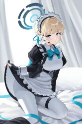 Rule 34 | 1girl, absurdres, apron, ayoni 623, black dress, black gloves, blonde hair, blue archive, blue bow, blue bowtie, blue eyes, blue hair, blue nails, blue ribbon, bow, bowtie, braid, breasts, bun cover, chest harness, clothes lift, dress, dress lift, earpiece, fingerless gloves, french braid, frilled apron, frills, gloves, hair bun, hair ribbon, halo, harness, highres, indoors, juliet sleeves, lifting own clothes, long sleeves, looking at viewer, maid apron, maid headdress, medium breasts, multicolored hair, nail polish, on bed, pantyhose, pillow, puffy sleeves, ribbon, short hair, single hair bun, sitting, solo, streaked hair, thigh strap, toki (blue archive), white apron, white curtains, white pantyhose