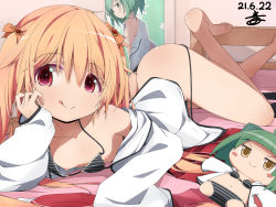 Rule 34 | 1girl, :p, ass, blonde hair, breasts, green hair, highres, kisaki emiri, loose clothes, lying, magia record: mahou shoujo madoka magica gaiden, mahou shoujo madoka magica, miyako hinano, nekokan-nekokan, nipples, red eyes, small breasts, solo, stuffed toy, swimsuit, tongue, tongue out, twintails, yellow eyes