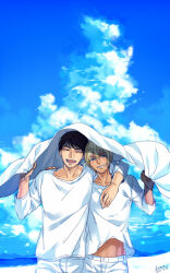 Rule 34 | 2boys, :d, amuro tooru, arm around shoulder, black hair, blonde hair, blue eyes, blue sky, closed eyes, cloud, collarbone, commentary request, crossed bangs, dated, day, facial hair, hair between eyes, hand on another&#039;s shoulder, happy, holding, holding clothes, holding jacket, jacket, kouno kb, long sleeves, looking at viewer, male focus, meitantei conan, midriff, multiple boys, open mouth, outdoors, pants, scotch (meitantei conan), shirt, short hair, signature, sky, smile, stubble, teeth, upper body, white jacket, white pants, white shirt