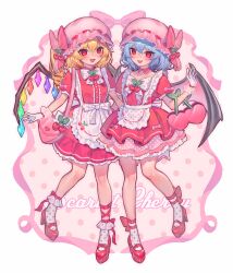 Rule 34 | 2girls, absurdres, alternate costume, ankle bow, ankle ribbon, apron, back bow, bag, bat wings, blonde hair, blue hair, bobby socks, bow, bowtie, breasts, cherry, collarbone, commentary, dress, english commentary, english text, enmaided, fangs, flandre scarlet, food, frilled apron, frilled dress, frills, fruit, full body, gloves, hair between eyes, handbag, hat, hat bow, hat ribbon, highres, layered dress, leg ribbon, looking at viewer, maid, maid apron, mary janes, mob cap, multicolored wings, multiple girls, open mouth, pink background, pink bag, pink headwear, puffy short sleeves, puffy sleeves, qiu ju, red bow, red dress, red eyes, red footwear, red ribbon, remilia scarlet, ribbon, ribbon-trimmed headwear, ribbon trim, shoes, short sleeves, siblings, simple background, sisters, small breasts, smile, socks, touhou, white apron, white background, white bow, white bowtie, white gloves, white socks, wings