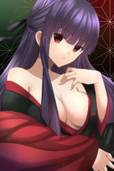Rule 34 | 1girl, asagami fujino, asagami fujino (third ascension), bare shoulders, black kimono, black ribbon, blunt bangs, breasts, closed mouth, commentary request, fate/grand order, fate (series), fingernails, hair ribbon, highres, japanese clothes, kara no kyoukai, kimono, large breasts, looking at viewer, off shoulder, official alternate costume, purple hair, red eyes, red kimono, ribbon, solo, straight hair, two-tone kimono, vent vert (kuuya), wide sleeves