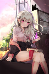 Rule 34 | 1girl, absurdres, animal, black cat, black jacket, black skirt, blush, book, breasts, cat, closed mouth, collared shirt, commentary request, copyright request, curtains, day, dress shirt, feet out of frame, fire, grey hair, hido (cherryhido), high-waist skirt, highres, holding, huge filesize, indoors, jacket, korean commentary, long hair, off shoulder, official art, open clothes, open jacket, open window, pink fire, pink socks, red eyes, shirt, sitting, skirt, small breasts, socks, solo, tongue, tongue out, very long hair, white shirt, window
