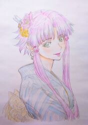 Rule 34 | 1girl, alternate costume, aria (manga), blue kimono, blush, commentary request, cropped torso, cwind, earrings, feather hair ornament, feathers, flower, from side, green eyes, hair flower, hair ornament, highres, japanese clothes, jewelry, kimono, lips, mizunashi akari, obi, open mouth, parted bangs, pink flower, pink hair, sash, short hair with long locks, simple background, sketch, solo, traditional media, two-tone kimono, white background, white kimono, yellow sash