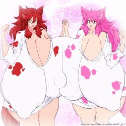 Rule 34 | 2girls, animal ears, animated, animated gif, breast press, breasts, closed eyes, clothes, covered erect nipples, gigantic breasts, hataraki ari, holding, holding hands, long hair, looking at viewer, milkcat, multiple girls, no bra, open mouth, original, pink hair, pointy ears, red eyes, smile, tail, yellow eyes