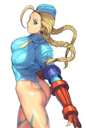 Rule 34 | 1girl, ahoge, ass, beret, blonde hair, blue eyes, blue leotard, braid, breasts, cammy white, capcom, covered erect nipples, fingerless gloves, garrison cap, gauntlets, gloves, hat, highres, homare (fool&#039;s art), huge ahoge, large breasts, legs, leotard, long hair, looking at viewer, necktie, outstretched arm, scar, simple background, solo, standing, street fighter, thighs, thong leotard, turtleneck, twin braids, white background