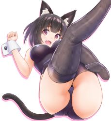 Rule 34 | 1girl, animal ear fluff, animal ears, azur lane, battlegaregga, black hair, black leotard, cat ears, cat tail, commentary request, fang, fishnets, grey pantyhose, kittysuit, legs up, leotard, looking at viewer, lying, nontraditional playboy bunny, open mouth, pantyhose, red eyes, short hair, simple background, solo, strapless, strapless leotard, tail, thighhighs, white background, wrist cuffs, yamashiro (azur lane)