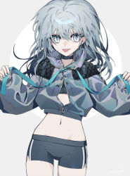 Rule 34 | 1girl, black shirt, black shorts, copyright request, crop top, ear piercing, earrings, eyebrows hidden by hair, grey background, grey eyes, grey hair, grey jacket, grey nails, groin, hair between eyes, haizome senri, highres, jacket, jewelry, long hair, long sleeves, looking at viewer, midriff, nail polish, navel, official art, piercing, puffy long sleeves, puffy sleeves, shirt, short shorts, shorts, sleeves past wrists, solo, stud earrings, tongue, tongue out, tongue piercing, two-tone background, virtual youtuber, white background