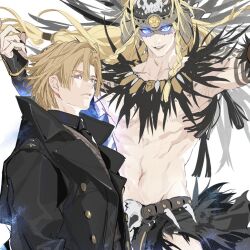 Rule 34 | 2boys, arms at sides, aztec, black coat, blonde hair, blue eyes, braid, coat, daybit sem void, fate/grand order, fate (series), feet out of frame, floating, juer1004, long hair, looking at viewer, male focus, multiple boys, navel, simple background, skull, smile, tezcatlipoca (fate), tezcatlipoca (third ascension) (fate), twin braids, white background