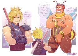 Rule 34 | 2boys, arm hair, bara, beaugilliam, bee boy, bee costume, bee print, belly, blush, bow, bowtie, bulge, chest hair, cloud strife, covering privates, covering chest, covering crotch, cropped legs, crossdressing, dark-skinned male, dark skin, detached collar, embarrassed, english text, erection, erection under clothes, facial hair, final fantasy, final fantasy vii, fishnet legwear, fishnets, highres, honey bee inn, johnny&#039;s father (final fantasy), latex, latex legwear, leotard, male focus, male playboy bunny, mature male, multiple boys, muscular, muscular male, mustache, nipple slip, nipples, nontraditional playboy bunny, old, old man, pantyhose, pectoral cleavage, pectorals, plump, short hair, sideburns, skin tight, skindentation, strapless, strapless leotard, stubble, sweatdrop, thick thighs, thighs, wrist cuffs