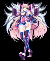 Rule 34 | 1girl, black background, blonde hair, blue gloves, boots, breasts, cable, cable tail, elbow gloves, fingerless gloves, full body, gloves, green eyes, hairband, high heel boots, high heels, highres, long hair, looking at viewer, mecha musume, mechanical tail, medium breasts, official art, reason (ficafe), resized, soccer spirits, solo, stomach, tail, upscaled, vayne (soccer spirits), wings