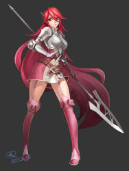 Rule 34 | 1girl, armor, armored dress, belt, boobplate, boots, breastplate, cordelia (fire emblem), fire emblem, fire emblem awakening, garter belt, garter straps, gauntlets, gloves, highres, long hair, nintendo, polearm, red eyes, red hair, shiroh46, solo, spear, thighhighs, thighs, very long hair, weapon, zettai ryouiki