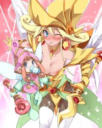 Rule 34 | 2girls, :d, ;p, areola slip, assisted exposure, bad id, bad twitter id, bare shoulders, berry magician girl, blonde hair, blue eyes, blush, blush stickers, breasts, brown hair, cleavage, collar, collarbone, commentary request, duel monster, earrings, gem, gloves, hair between eyes, hat, highres, holding, holding staff, jewelry, large breasts, lemon magician girl, leotard, long hair, looking at viewer, mtu (orewamuzituda), multiple girls, naughty face, nipple slip, nipples, no bra, one eye closed, open mouth, pantyhose, smile, staff, star (symbol), thighhighs, thighhighs over pantyhose, tongue, tongue out, white thighhighs, wings, witch hat, yellow gloves, yellow hat, yu-gi-oh!