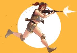 Rule 34 | artist name, assault rifle, boots, breasts, brown eyes, brown hair, bullet, crop top, fio germi, firing, glasses, gun, hat, highres, metal slug, navel, ponytail, rifle, running, shell casing, shorts, signature, simple background, snk, superkopa92, tongue, tongue out, vest, weapon