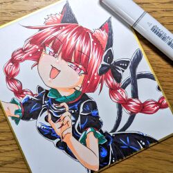 Rule 34 | 1girl, animal ear fluff, animal ears, baketanundk, black dress, braid, cat ears, cat girl, cat tail, commentary request, dress, fangs, kaenbyou rin, long hair, looking at viewer, multiple tails, nekomata, open mouth, photo (medium), red eyes, red hair, short sleeves, side braids, solo, tail, touhou, traditional media, twin braids, two tails