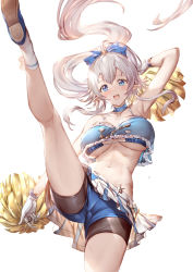 Rule 34 | 1girl, 77gl, arm up, armpits, bare shoulders, blue eyes, bow, breasts, cheerleader, collarbone, commentary request, elf, gloves, hair bow, hair ornament, large breasts, leg up, long hair, looking at viewer, midriff, miniskirt, navel, open mouth, piashi, pointy ears, pom pom (cheerleading), ponytail, shingeki no bahamut, shiny clothes, shoes, short shorts, shorts, simple background, skirt, smile, socks, solo, stomach, white gloves, white hair, white socks