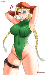 Rule 34 | 1girl, absurdres, ahoge, armpits, arms behind head, arms up, artist logo, artist name, beret, blonde hair, blue eyes, blush, braid, breasts, cameltoe, cammy white, commentary, covered navel, cowboy shot, english commentary, facial scar, feet out of frame, fingerless gloves, gloves, gluteal fold, green leotard, groin, hat, highleg, highleg leotard, highres, holster, huge ahoge, large breasts, leotard, lips, long hair, mystyhw, nose blush, parted lips, patreon logo, patreon username, red gloves, red hat, scar, scar on cheek, scar on face, simple background, skindentation, sleeveless, solo, standing, street fighter, street fighter ii (series), thigh holster, thigh strap, thighs, twin braids, twintails, watermark, web address, white background