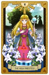 Rule 34 | 1girl, blonde hair, bracer, dress, flower, hand on own chest, holding, holding staff, lily (flower), link, long hair, looking at viewer, nintendo, parted lips, pink tabard, pointy ears, princess zelda, short sleeves, solo, staff, straight-on, suzuno (kazahanasu), tabard, tarot, tarot (medium), the high priestess (tarot), the legend of zelda, the legend of zelda: a link to the past, triforce print, white dress, white lily