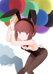 Rule 34 | 1girl, animal ears, arms up, bad id, bad twitter id, balloon, black leotard, bow, bowtie, brown eyes, brown hair, brown pantyhose, detached collar, fake animal ears, fuyube gin (huyube), kantai collection, leotard, looking at viewer, pantyhose, playboy bunny, rabbit ears, rabbit tail, red bow, red bowtie, shadow, short hair, solo, strapless, strapless leotard, tail, wrist cuffs, z3 max schultz (kancolle)