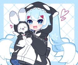 Rule 34 | 1girl, 1other, animal, animal ears, beamed eighth notes, black gloves, black hoodie, blue eyes, blue hair, commentary, eighth note, gloves, hatsune miku, heart, highres, holding, holding animal, holding rabbit, hood, hood up, hoodie, light blue hair, long hair, looking at viewer, mozuzu69, multicolored hair, musical note, musical note print, open mouth, orca, rabbit, rabbit ears, rabbit yukine, sharp teeth, smile, snowflake print, staff (music), teeth, twintails, two-tone hair, upper body, very long hair, vocaloid, whale costume, white hair, yuki miku, yuki miku (2022) (applicant)