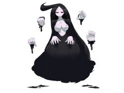 Rule 34 | 1girl, ahoge, black dress, black hair, bmp-to-png conversion, breasts, breasts out, closed mouth, collarbone, colored nipples, dress, extra hands, floating, full body, game cg, ghost girl, ghost girl (mon-musu quest!), ghost pose, huge ahoge, large breasts, long hair, looking at viewer, mon-musu quest!, monster girl, nipples, non-web source, pale skin, red eyes, setouchi (blackse), simple background, slime (substance), smile, solo, transparent background, very long hair