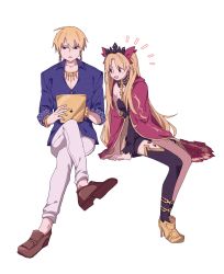 Rule 34 | 1boy, 1girl, blonde hair, blue shirt, brown footwear, cape, commentary, crossed legs, crown, earrings, ereshkigal (fate), fate/grand order, fate (series), gilgamesh, gilgamesh (caster) (fate), gilgamesh (establishment) (fate), gilgamesh (fate), high heels, highres, hoop earrings, ipad, jewelry, pants, red cape, red eyes, red ribbon, ribbon, shirt, single thighhigh, skull collar, tablet pc, thighhighs, user gvjr7435, white pants