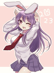 Rule 34 | 1girl, 2023, ;d, absurdres, animal ears, blush, bright pupils, cowboy shot, hands up, highres, long hair, looking at viewer, necktie, one eye closed, open mouth, outline, pink background, pleated skirt, rabbit ears, rabbit pose, rabbit tail, red necktie, reisen udongein inaba, shirt, skirt, smile, solo, subaru (subachoco), tail, touhou, white outline, white pupils