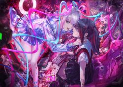 Rule 34 | 2girls, ame-chan (needy girl overdose), animal ear headphones, animal ears, ankle strap, assault rifle, black hair, black skirt, bleeding, blood, blood on clothes, blood on hands, blue eyes, blue hair, bow, camera, can, cat ear headphones, cd case, cellphone, chair, chouzetsusaikawa tenshi-chan, commentary, computer, condom box, cracked screen, crying, crying with eyes open, cuts, dual persona, emoji, energy drink, face-to-face, fake animal ears, figure, gaming chair, gun, hacksaw, hair bow, hair ornament, hairclip, hands on another&#039;s neck, headphones, highres, injury, computer keyboard, long hair, looking at another, looking at viewer, medicine bottle, medium hair, monitor, multicolored eyes, multicolored hair, multicolored nails, multiple girls, multiple hair bows, multiple monitors, nail polish, needy girl overdose, open mouth, osakana (denpa yun&#039;yun), parted lips, phone, pill bottle, pill on tongue, pink hair, pink pupils, platform footwear, pleading face emoji, pleated skirt, poster (object), quad tails, revision, rifle, sailor collar, saw, school uniform, self-harm, short sleeves, sitting, skirt, smartphone, smile, stuffed toy, suspender skirt, suspenders, swivel chair, symbol-only commentary, tears, tongue, tongue out, trash bag, twintails, very long hair, weapon, wrist cutting, x hair ornament