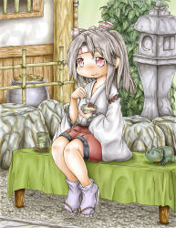 Rule 34 | 10s, 1girl, bamboo fence, bench, cup, eating, expressionless, fence, food, food on face, hair ribbon, highres, japanese clothes, kantai collection, looking at viewer, miko, outdoors, plant, ponytail, red eyes, ribbon, sandals, silver hair, sitting, solo, spoon, stone, stone lantern, tabi, window, ys (ytoskyoku-57), yunomi, zuihou (kancolle)