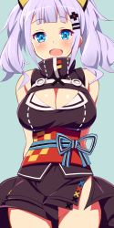 Rule 34 | 1girl, 9law, :d, aqua background, arms behind back, bad id, bad pixiv id, bare shoulders, black shirt, black skirt, blue eyes, blush, breasts, cleavage, cleavage cutout, clothes lift, clothing cutout, cowboy shot, hair ornament, hairclip, highres, kaguya luna, large breasts, light purple hair, looking at viewer, miniskirt, no panties, obi, open mouth, sash, shirt, short hair, side slit, simple background, skirt, skirt lift, sleeveless, sleeveless shirt, smile, solo, the moon studio, twintails, virtual youtuber, wind, wind lift