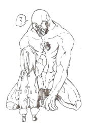 Rule 34 | 1boy, 1girl, ?, bad id, bad pixiv id, child, flower, gas mask, goggles, height difference, mask, monster, muscular, oikawa uso, original, sketch