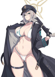Rule 34 | 1girl, bikini, black choker, black coat, black gloves, blue archive, breasts, choker, coat, cowboy shot, eyepatch, gloves, green eyes, grey hair, gun, halo, hat, highres, holding, holding gun, holding weapon, large breasts, long sleeves, looking at viewer, military hat, navel, open clothes, open coat, peaked cap, rodway, sawed-off shotgun, shotgun, simple background, skindentation, solo, standing, stomach, suou (blue archive), swimsuit, swimsuit under clothes, thigh strap, weapon, white background, white bikini, yellow halo