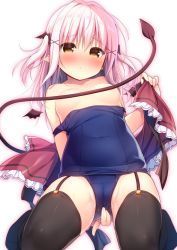 Rule 34 | 1girl, areola slip, black thighhighs, black wings, blue one-piece swimsuit, blush, breasts, cameltoe, closed mouth, clothes pull, commentary request, demon girl, demon tail, demon wings, detached wings, garter straps, hair ornament, hanamiya natsuka, long hair, mini wings, nose blush, old school swimsuit, one-piece swimsuit, one-piece swimsuit pull, original, pink hair, pointy ears, school swimsuit, sidelocks, small breasts, solo, swimsuit, tail, tail censor, tail raised, thighhighs, two side up, white background, wing hair ornament, wings, x hair ornament
