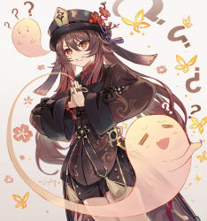 Rule 34 | 1girl, :d, = =, ?, ??, black nails, brown hair, bug, butterfly, commentary, cowboy shot, csyday, english commentary, fang, flower, flower-shaped pupils, genshin impact, ghost, grey background, grin, hat, hat flower, hu tao (genshin impact), insect, jewelry, long hair, long sleeves, looking at viewer, nail polish, open mouth, own hands together, qingdai guanmao, red eyes, ring, shorts, signature, simple background, skin fang, smile, symbol-shaped pupils, tailcoat, thumb ring