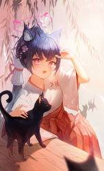 Rule 34 | 1girl, absurdres, animal, animal ear fluff, animal ears, bare tree, black cat, black hair, blue archive, blurry, blurry foreground, blush, branch, cat, cat ears, hair ornament, hakama, hakama skirt, halo, happyongdal, highres, japanese clothes, kimono, long hair, looking at viewer, miko, open mouth, outdoors, ponytail, red eyes, red hakama, serika (blue archive), serika (new year) (blue archive), sitting, skirt, solo, tree, white kimono, wide sleeves
