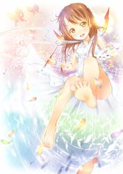 Rule 34 | 1girl, art brush, barefoot, brown hair, bug, butterfly, colorful, dress, feathers, feet, full body, heterochromia, highres, insect, kazuma (kazumav), neck ribbon, no panties, oekaki musume, open mouth, original, paintbrush, palette (object), ribbon, soles, solo, spread toes, toes, white dress, wings