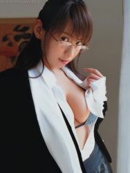 Rule 34 | 1girl, asian, breasts, glasses, large breasts, open clothes, open shirt, photo (medium), shirt, solo