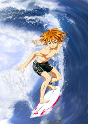 Rule 34 | 00s, 1boy, ankoku tiger, barefoot, bike shorts, brown eyes, brown hair, doumoto kaito, male focus, mermaid melody pichi pichi pitch, official style, orange hair, short hair, solo, surfboard, surfing, waves