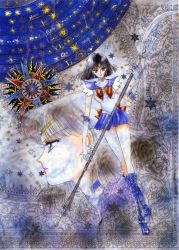 Rule 34 | 1990s (style), 1girl, bishoujo senshi sailor moon, black hair, bob cut, boots, bow, brooch, brown bow, choker, cross-laced footwear, crossed legs, elbow gloves, gloves, highres, holding, holding polearm, holding spear, holding weapon, knee boots, lace-up boots, crossed legs, magical girl, multiple views, official art, polearm, purple footwear, purple skirt, retro artstyle, sailor saturn, shoes, silence glaive, skirt, spear, staff, standing, star brooch, takeuchi naoko, tiara, tomoe hotaru, watson cross, weapon, white gloves