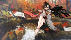 Rule 34 | 1girl, absurdres, artist name, autumn, autumn leaves, barefoot, bird wings, black hair, black ribbon, black skirt, breasts, cleavage, commentary, detached sleeves, eps3rd, eyebrows hidden by hair, eyeshadow, feathered wings, fingernails, flute, forest, full body, hair between eyes, hat, highres, holding, holding instrument, instrument, japanese clothes, kimono, layered sleeves, lips, looking at viewer, makeup, medium hair, nail polish, nature, neck ribbon, outdoors, pink nails, pom pom (clothes), red eyes, red hat, red ribbon, ribbon, ribbon-trimmed sleeves, ribbon trim, river, rock, scenery, shameimaru aya, short sleeves, single wing, skirt, solo, toenails, tokin hat, touhou, water, white kimono, wide sleeves, wings