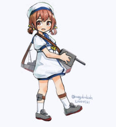 Rule 34 | 1girl, adapted turret, brown eyes, brown hair, cannon, dress, full body, hair rings, hat, kaiboukan no.4 (kantai collection), kangoku kou, kantai collection, long hair, looking at viewer, machinery, open mouth, sailor dress, sailor hat, shoes, short sleeves, simple background, solo, turret, uwabaki, white background, white dress, white hat