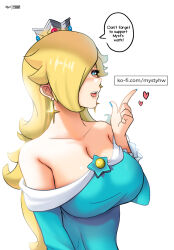 Rule 34 | 1girl, absurdres, artist logo, artist name, blonde hair, blue dress, blue eyes, blue nails, blush, breasts, collarbone, crown, dress, earrings, english text, eyelashes, female focus, hair over one eye, heart, highres, jewelry, large breasts, lips, long hair, mario (series), mystyhw, nail polish, nintendo, off shoulder, open mouth, pointing, rosalina, simple background, speech bubble, star (symbol), star earrings, super mario galaxy, teeth, tongue, upper body, upper teeth only, very long hair, watermark, web address, white background