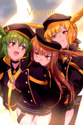 3girls belt beret black_gloves black_hat black_jacket black_one-piece_swimsuit black_ribbon blonde_hair blush braid breasts choker cleavage cleavage_cutout clothing_cutout echo_(circa) fate/grand_order fate_(series) geirskogul_(fate) gloves green_hair hair_ribbon hat head_wings highleg highleg_one-piece_swimsuit holster hood hooded_jacket jacket large_breasts long_hair long_sleeves multiple_girls olrun_(fate) one-piece_swimsuit open_clothes open_jacket open_mouth orange_hair red_eyes ribbon rindr_(fate) short_hair sidelocks smile swimsuit thighs twintails valkyrie_(fate) wings