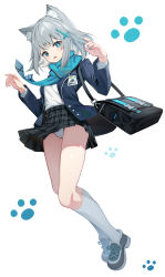 Rule 34 | 1girl, absurdres, animal ear fluff, animal ears, black footwear, black jacket, blazer, blouse, blue archive, blue eyes, blue necktie, blue scarf, commentary request, fringe trim, full body, grey hair, grey skirt, hands up, highres, jacket, kneehighs, long sleeves, looking at viewer, necktie, open clothes, open jacket, panties, parted lips, plaid, plaid skirt, pleated skirt, scarf, school uniform, shiroko (blue archive), shirt, shoes, simple background, skirt, socks, solo, sugar (dndi888), underwear, white background, white socks, white panties, white shirt