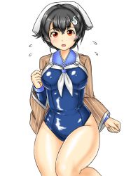 Rule 34 | 1girl, bandana, black hair, blue one-piece swimsuit, blue sailor collar, breasts, brown shawl, cowboy shot, hair between eyes, hair flaps, hair ornament, hairband, hairclip, jingei (kancolle), kantai collection, kudou (ooabareteng), large breasts, long hair, looking at viewer, low ponytail, neckerchief, one-piece swimsuit, red eyes, sailor collar, school swimsuit, shawl, shiny clothes, simple background, solo, swimsuit, two-tone hairband, whale hair ornament, white background, white neckerchief